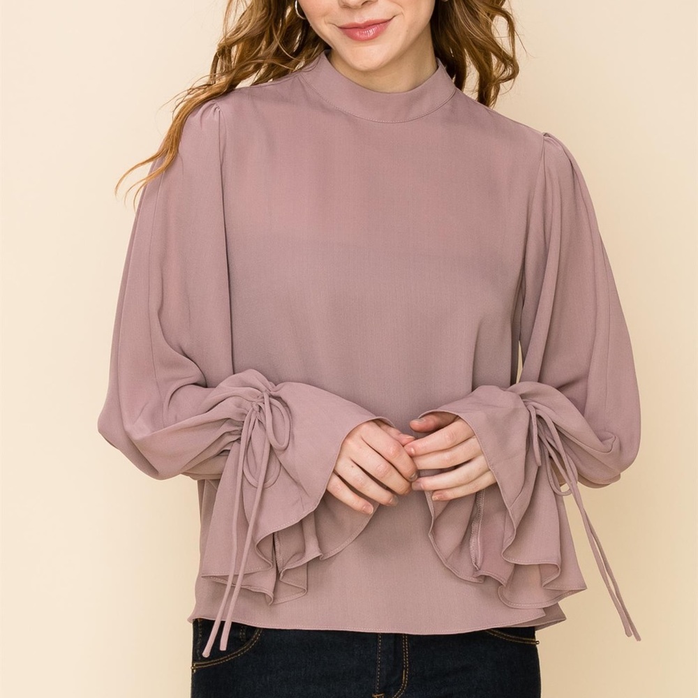 MOCK NECK SELF TIE SLEEVE TOP